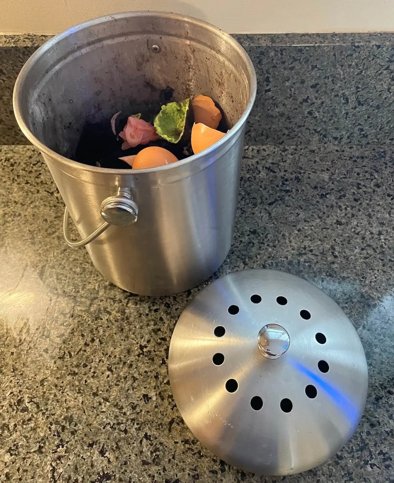 The same stainless steel countertop compost bin with the lid removed, showing the interior.