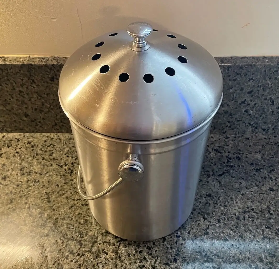 A stainless steel countertop compost bin with charcoal filter lid on.