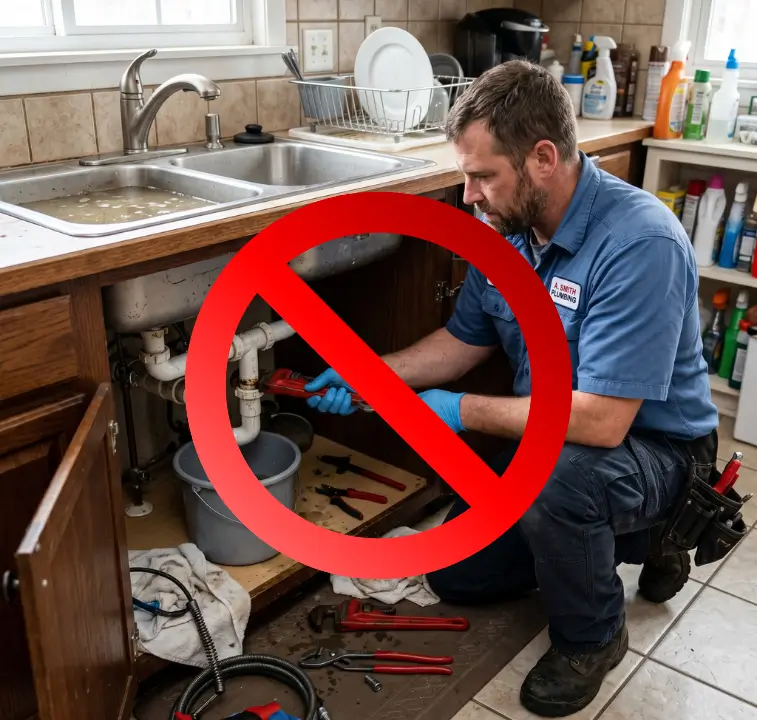 A plumber kneeling under a kitchen sink, using tools to clear a clogged drain.