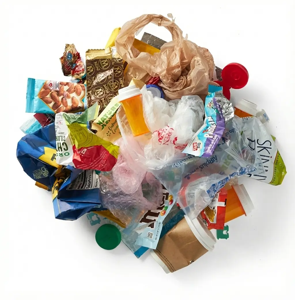 A collection of hard-to-recycle items such as plastic film, batteries, and corks ready for Ridwell pickup.